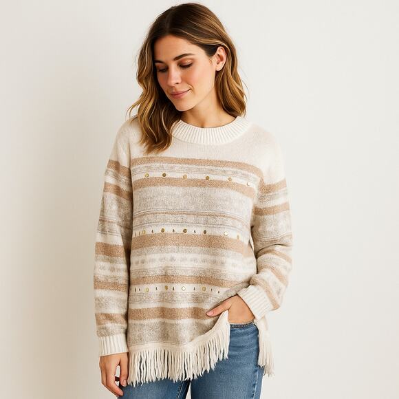 Alfred Dunner Striped Fringe Sweater Cozy Knit Classic Cottagecore Boho Large - Picture 1 of 8